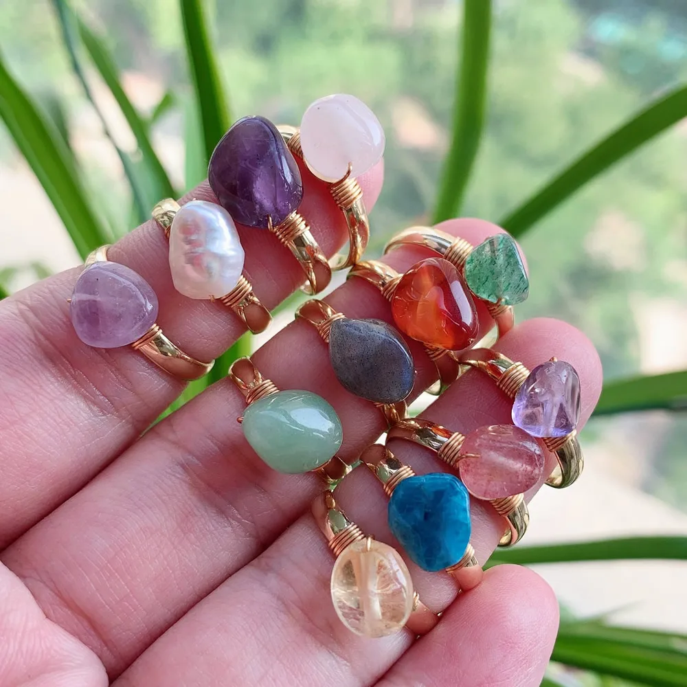 Женские регулируемые кольца с натуральным кристаллом золотистые Агаты