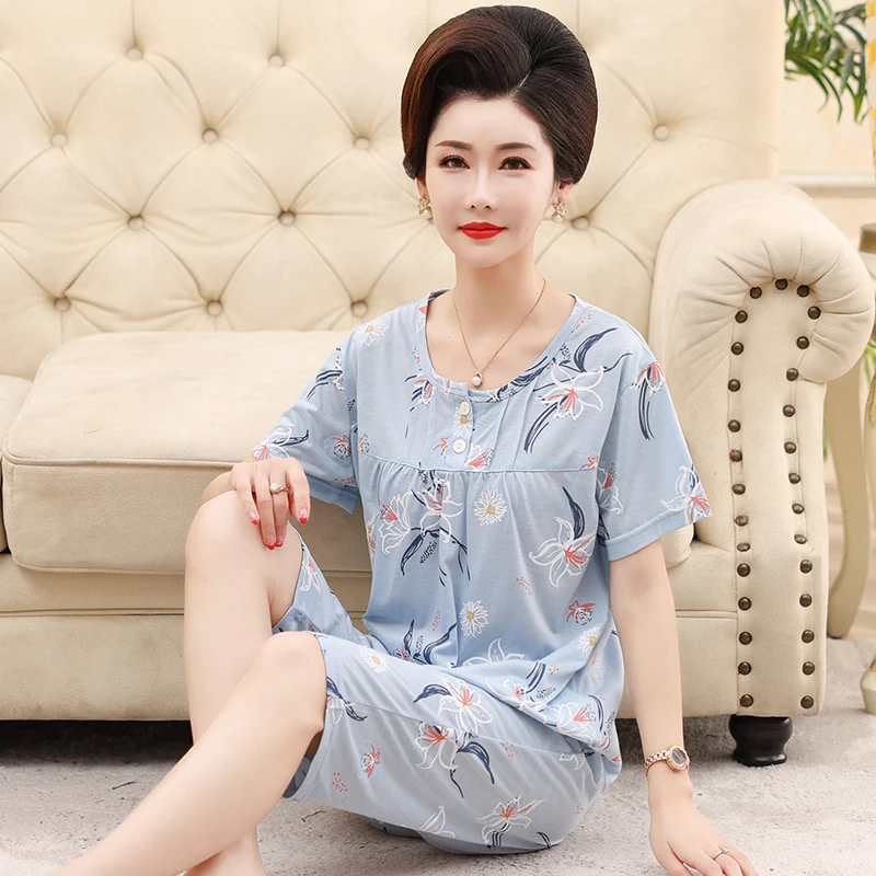 

Small flowers mother pajamas set big size soft cotton sleepwear female home lounge suit short sleeve cropped pants nightwear