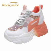 chunky summer sneakers women 2022 thick sole platform vulcanize shoes woman casual 8 5cm breathable mesh shoes bling high heels