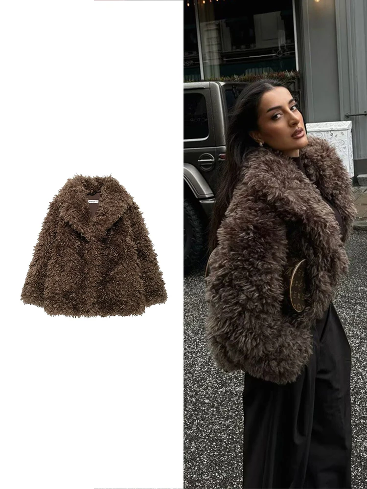 TRAF женское время коричневый мех лохматый пальто элегантный случайный лацкан