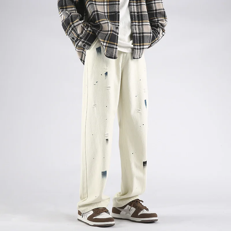 White Baggy Jeans Men Fashion Casual Graffiti Straight Jeans Men Japanese Streetwear Hip-hop Loose Denim Pants Mens Trousers
