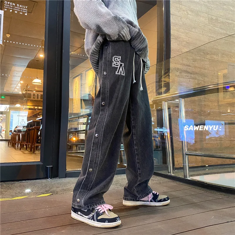 Brand Men's Side Row Solid Color Embroidery Jeans Straight-leg Pants Loose Wide-leg Jeans Trendy Street Men's джинсы для мужчин