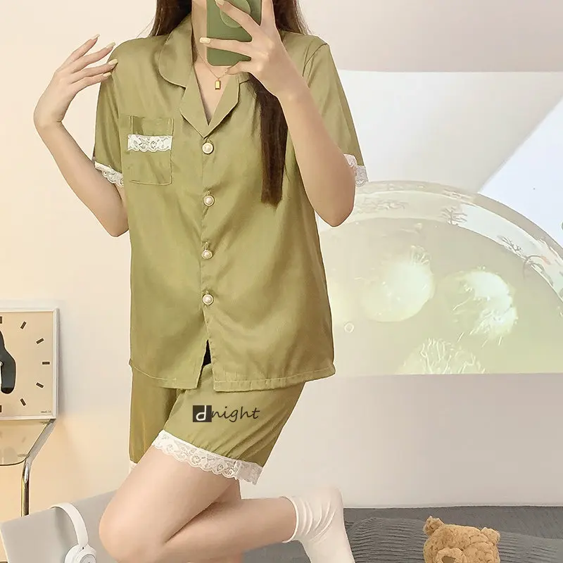 Summer Plus Size Womens Silk Satin Pajamas Set For Womens Sleep Two Piece Set Loungewear Loose M-5XL Sleepwear Pyjamas