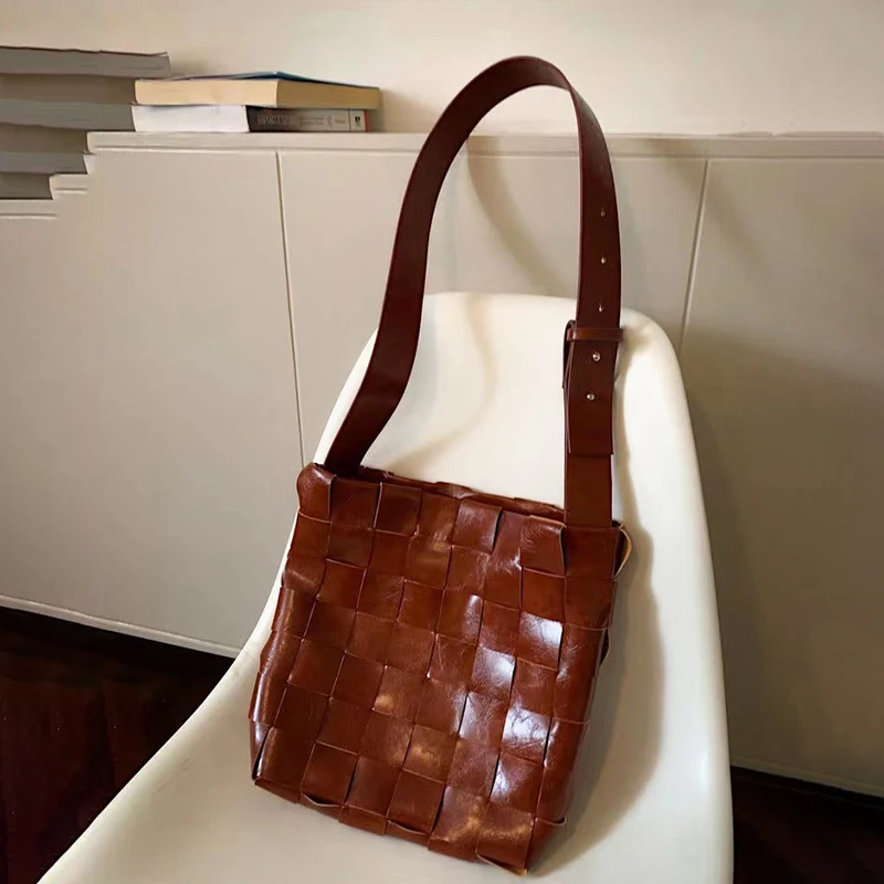 

Vegan Leather Weave Retro Small Shoulder Bag Women Adjustable Strap Hasp Slim Crossbody Bags Casual Soft Handbag