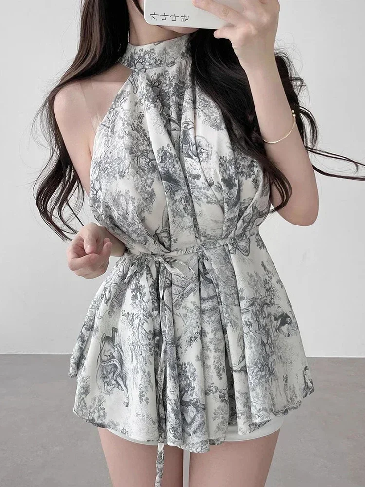 Новинка 2025 года винтажная блузка с чернильным принтом и контрастным цветом на