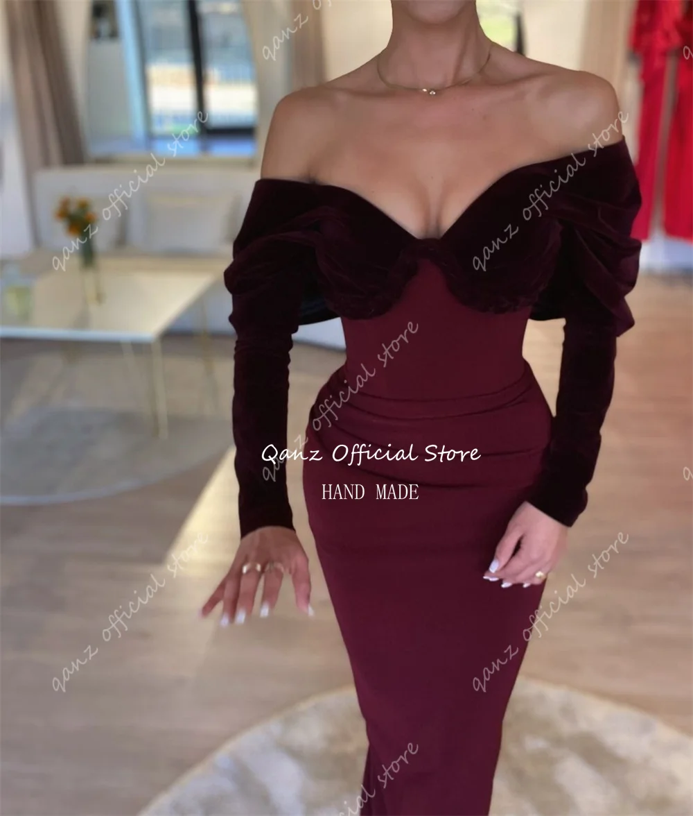 Qanz сексуальные вечерние платья с открытыми плечами Русалка бордовые длинными