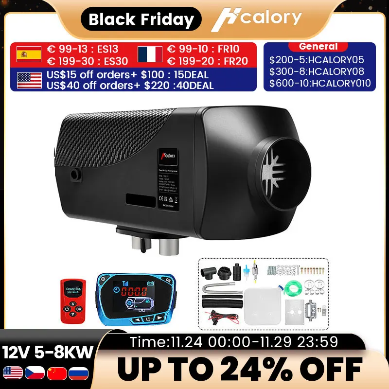 

Hcalory 12V 24V 5-8KW Car Parking Diesel Air Heater 10L Tank LCD Screen bluetooth APP Remote Control Voice Broadcast