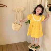 summer breathable children clothes toddler girls plaid flower princess dresses baby cotton short sleeve lace dress for outdoor