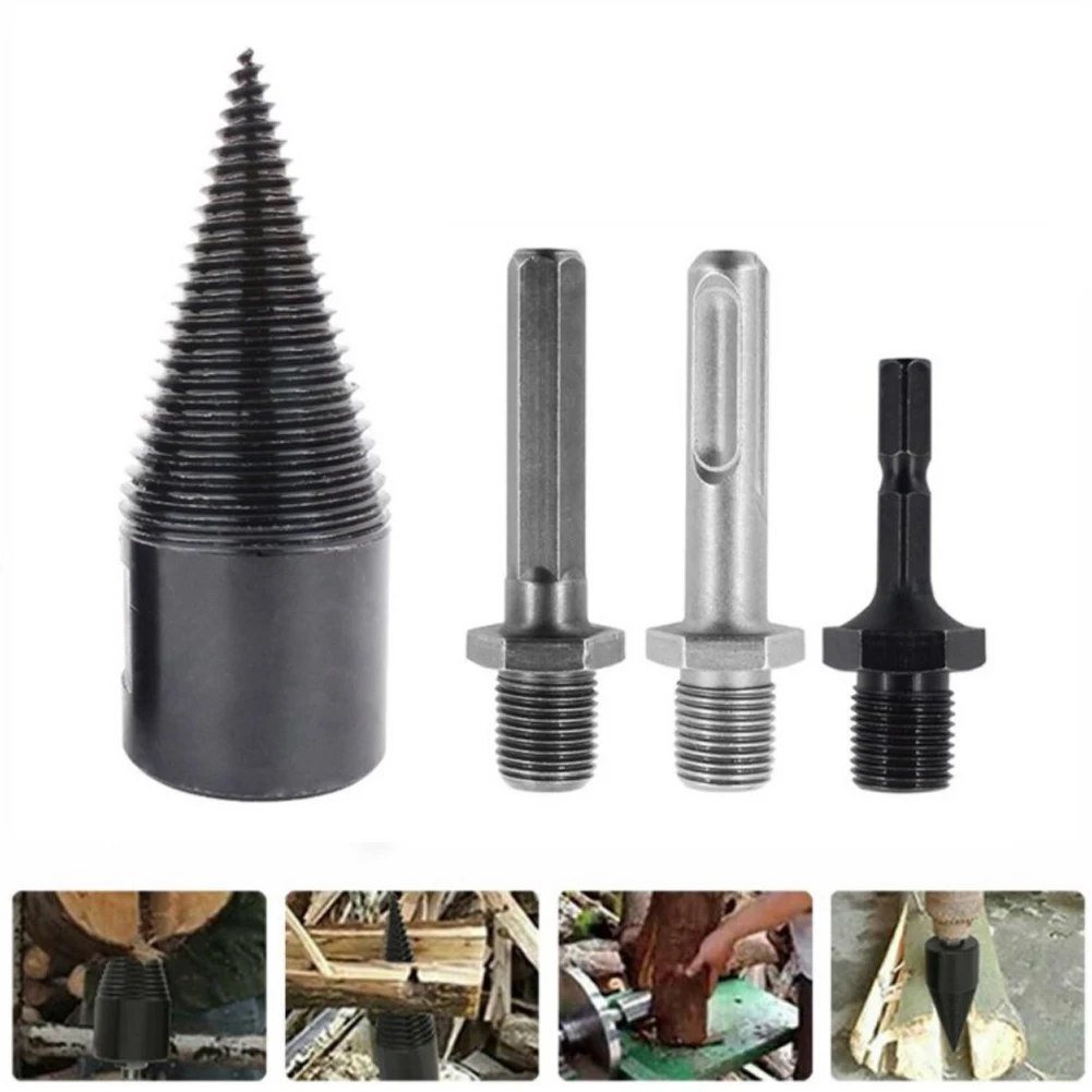 

4pcs Steel Firewood Drill Bit Kit High Speed Log Wood Cone Driver Splitter Screw Splitting Firewood Drill Bit And Handle