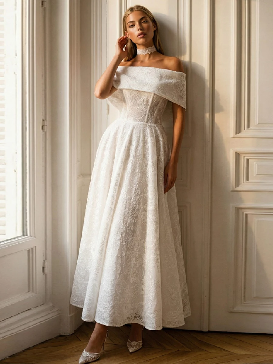 Фото Свадебные платья ANGEL Lace Midi 2026: Элегантное свадебное платье А-силуэта цвета слоновой кости с открытыми плечами, сексуальное, на заказ №4