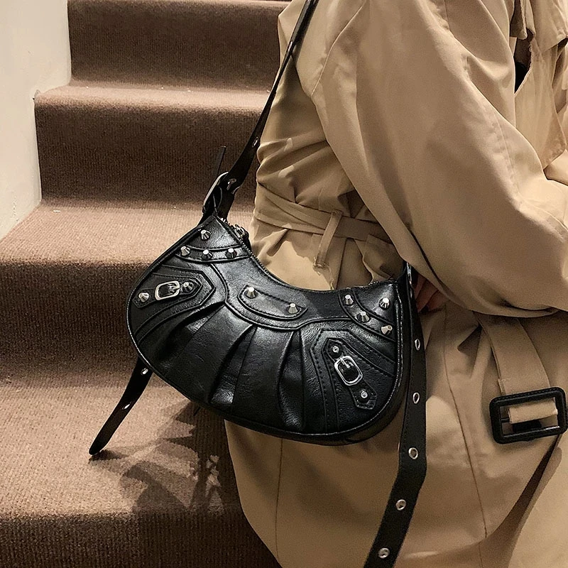 

2 шт./компл. дизайнерская сумка-Кроссбоди из искусственной кожи с заклепками и полумесяцем, винтажные кошельки и сумочки на плечо в стиле пан...