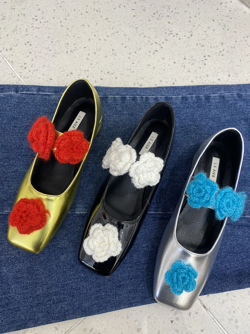 

Women Mary Janes Square Toe Ladies Pumps For Woman Slip On Patent Leather Mid Heels Knitting Flower Belt Buckle Pumps Shoes 39