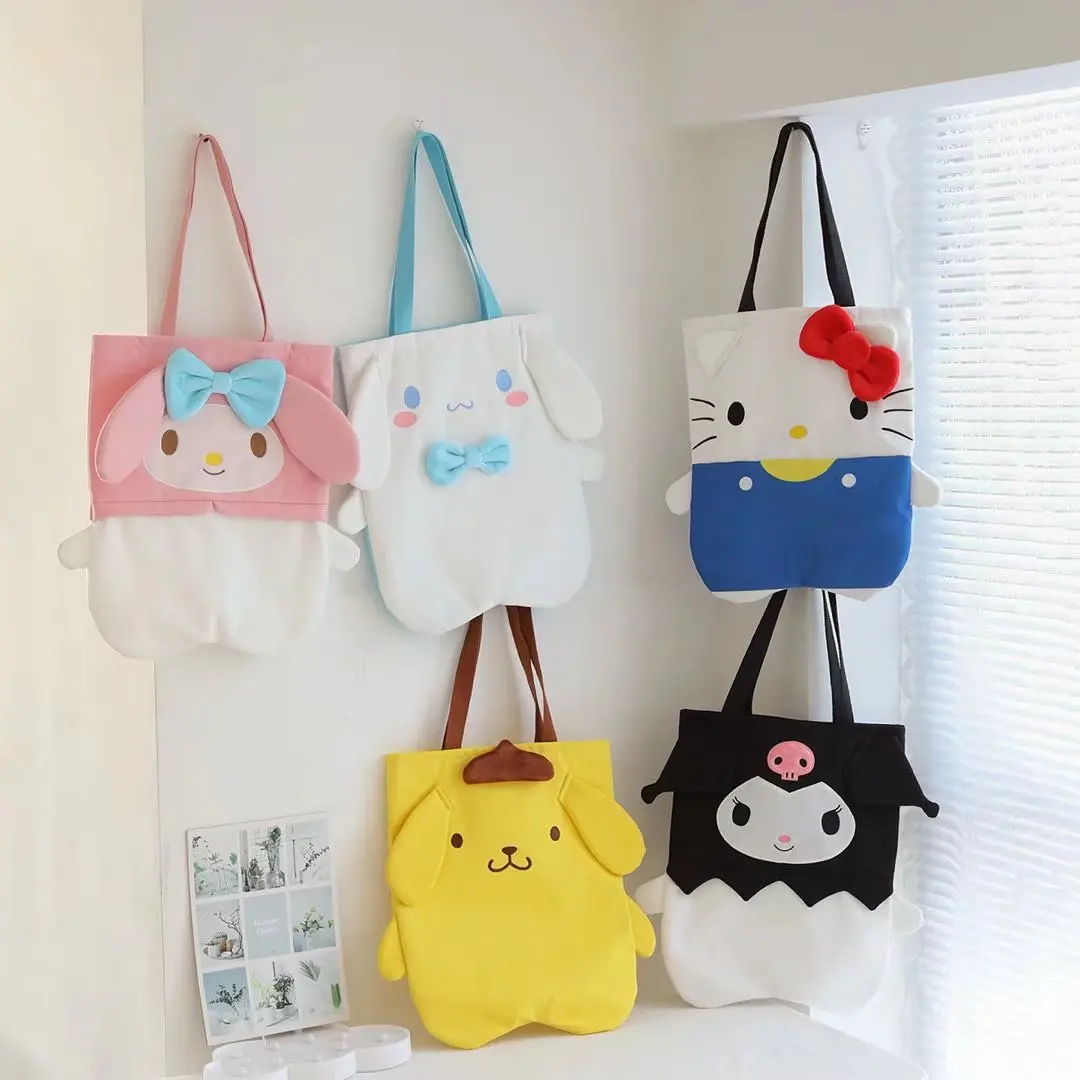 Kawaii Cartoon Cinnamoroll Kuromi My Melody Canvas Bag Shoulder Bag Cute Handbag Large-capacity Shopping Bag Lunch Box Bag Gift