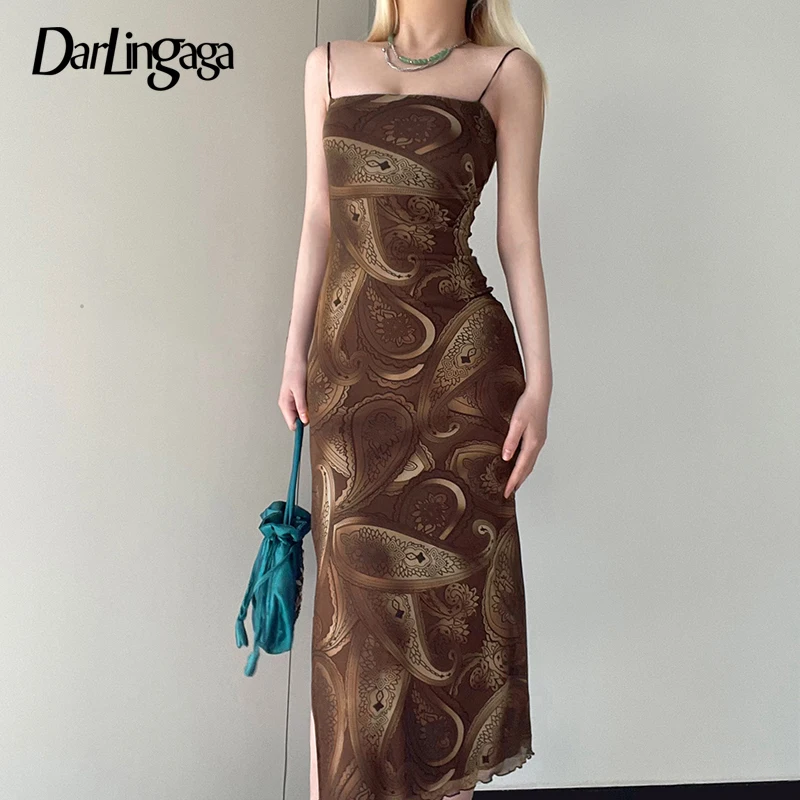

Darlingaga Fairycore Brown Printing Slip Long Dress Elegant Summer Y2K 2000s Vintage Lace Up Mesh Dress Women Slit Backless Sexy
