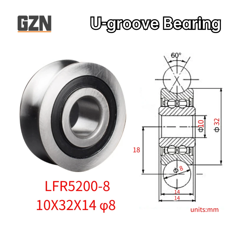 

1PCS LFR Series Rail Roller Bearing LFR5200-8 Inner Diameter 10mm Outer Diameter 32mm Height 14mm U Groove Diameter 8mm 10*32*14