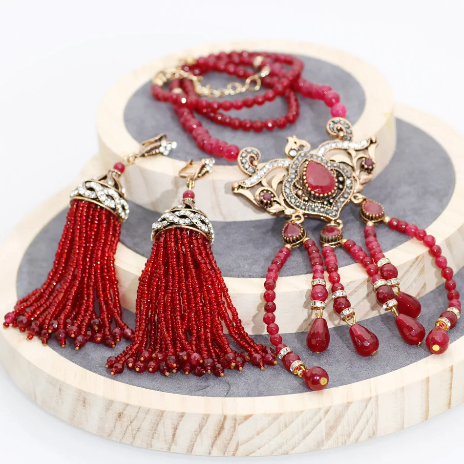 

Neovisson Indian Natural Stone Jewelry Sets Turkish Red Wedding Long Tassels Dangle Earrings Charm Necklace Antique Gold Color