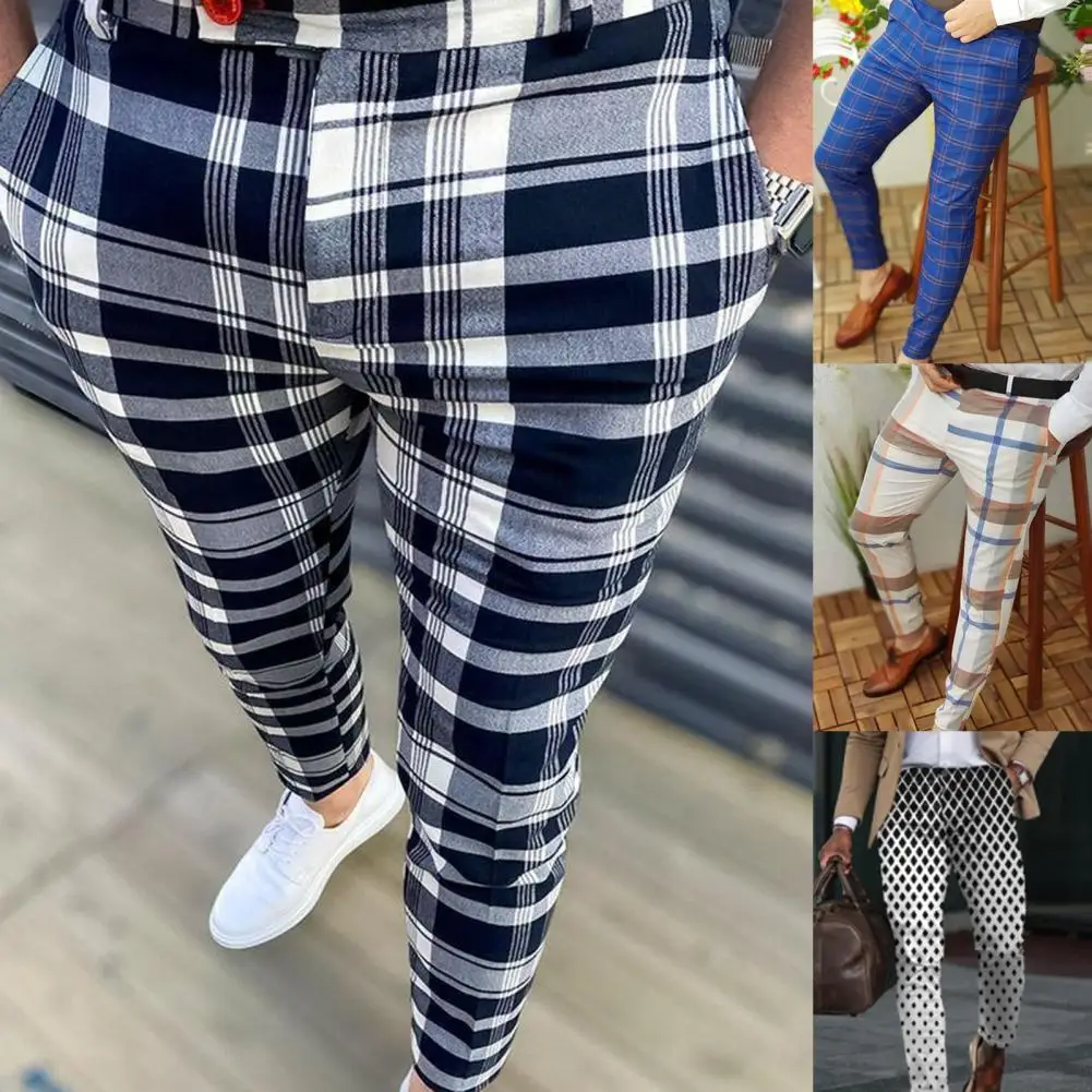 

2022 Men's Suit Pants Autumn Winter Elastic Slim Fit Pencil Pants Vintage Plaid Print Buttoned Business Casual Trousers Leggings