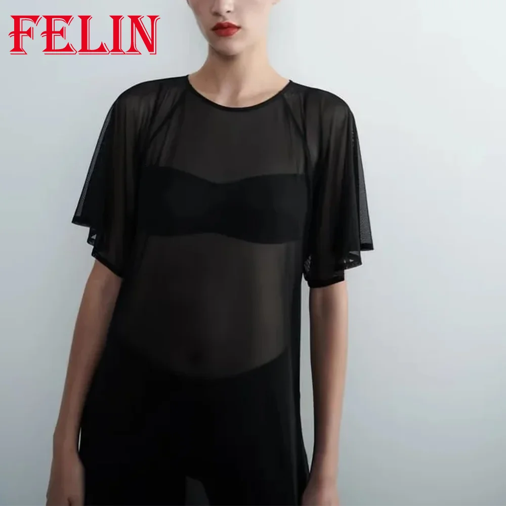 Женское шифоновое платье с коротким рукавом круглым вырезом и вырезами