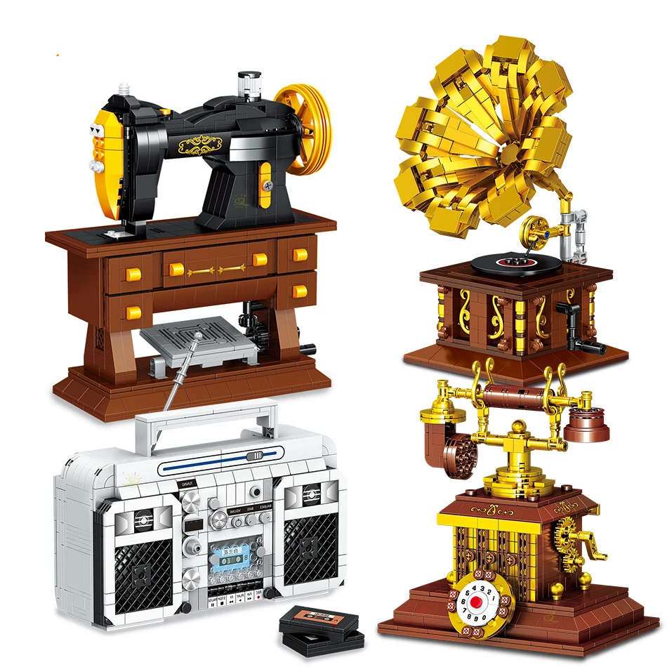 

Classic Mini Digital Camera Vintage Phonograph Radio Creativity Model Micro Building Block DIY Retro Machine Bricks Toy