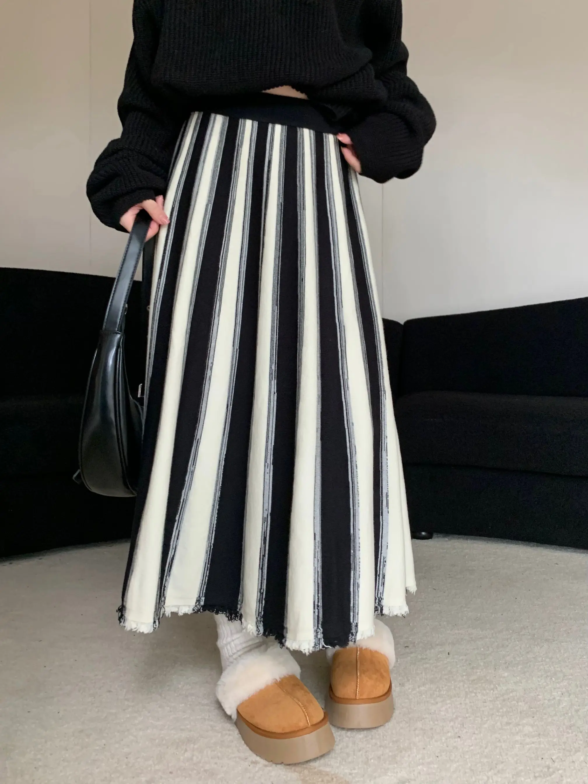 

Vintage Print Knitted Pleated Long Skirt Women Autumn Winter Elegant Elastic High Waist Thick Warm A-line Skirt Office Lady Saia