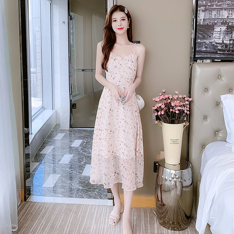 

Женское летнее платье COIGARSAM, новинка 2022, шифоновые платья на бретелях-спагетти с цветочным принтом, бледно-розово-серого цвета, Прямая поста...