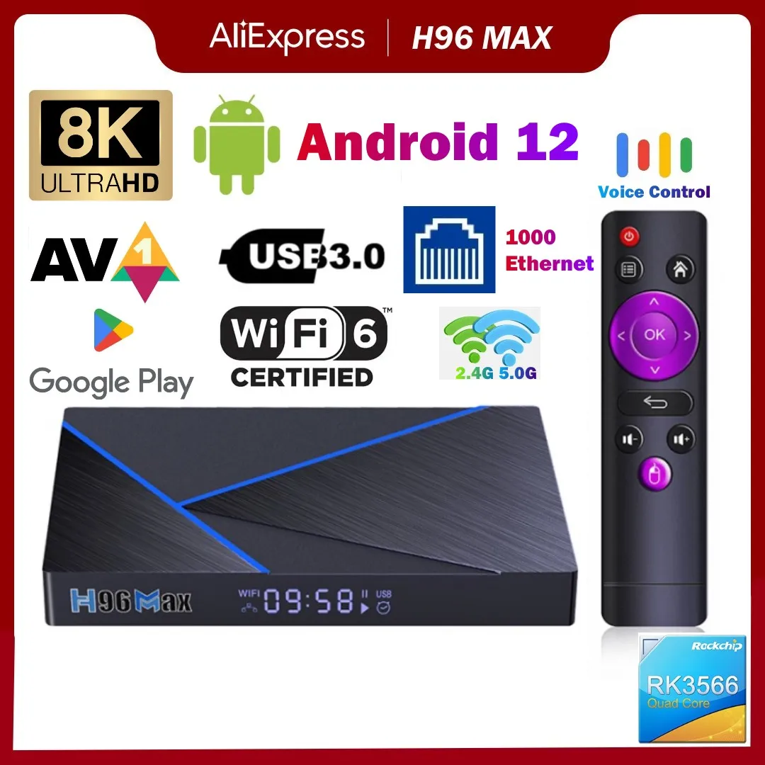 

ТВ-Приставка Smart TV 2023, Android 12, H96 Max V56, 8K, 2,4G, 5G, Wi-Fi, 8 ГБ, 64 ГБ, Rockchip RK3566, Google Play, 1000M, Ehernet, ТВ-приставка