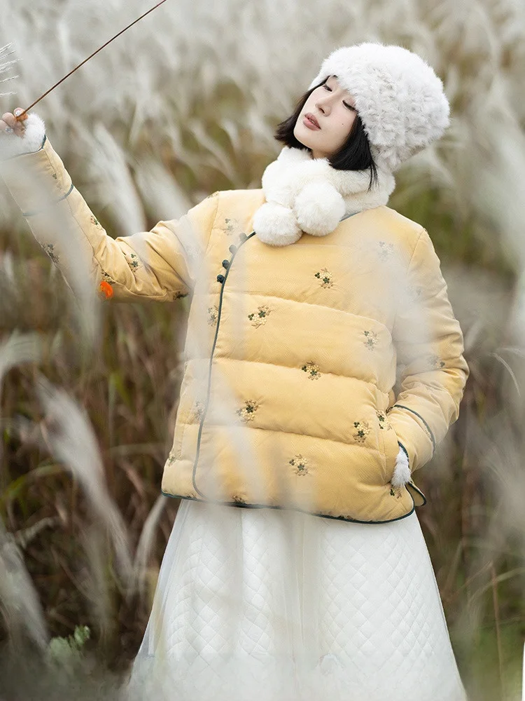 [Маленький лист светлый цветок] Новый китайский утолщенный пуховик с круглым