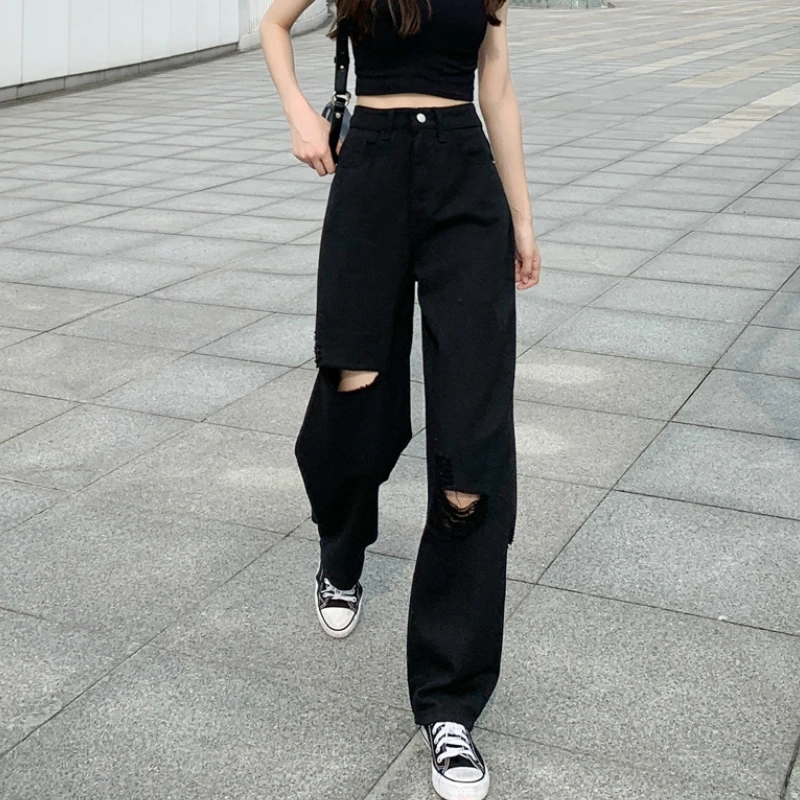 

Women Wide Leg Hip-hop Mopping Vintage Summer High Street Jeans Holes Black Chic Oversized S-5XL Oversize Harajuku Casual Pants