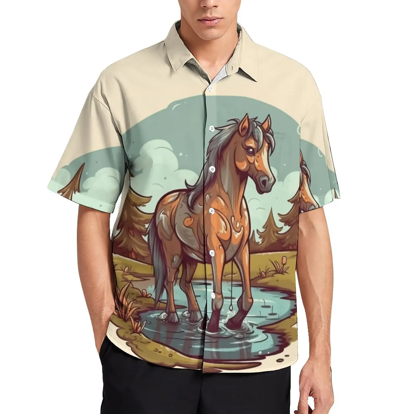 

Horse Vacation Shirt Cartoon Nature Style Hawaii Casual Shirts Male Retro Blouses Short-Sleeve Graphic Clothing Plus Size 4XL