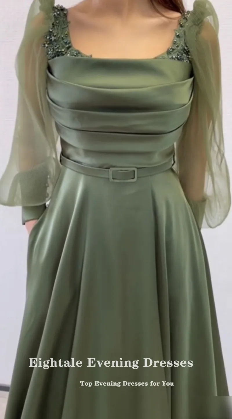 Eightale Elegant Evening Dress for Wedding Party Satin Long Puffy Sleeves Belt A-Line Pleats Arabic Dubai Prom Gowns
