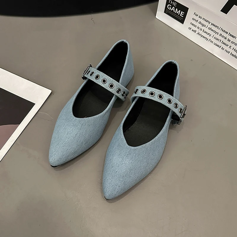 Soft Denim Mary Jane Shoes Women Pointed Toe Ballet Flats Ladies Fashion Blue Canvas Loafers with Buckle Belt and Rivets