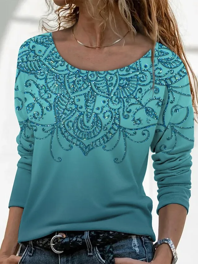 2023 Autumn Round Neck Pullover Spring Women's Daily Long Sleeve Fashion Tops Casual Regular Tee Shirt Vintage Print T-shirt - купить по
