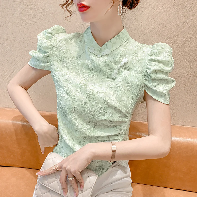 

Summer Short Sleeve Cheongsam Blouse Puff Sleeve Jacquard Elegant Shirts Female Korea Fashion Slim Short Design Tops