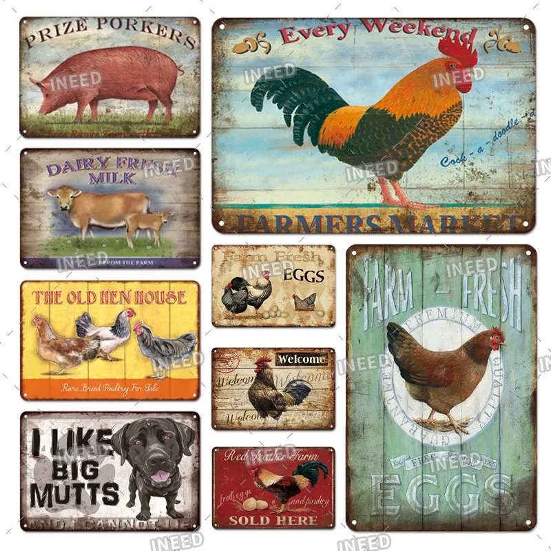 

INEED Vintage Chicken Pig Plaque Metal Tin Sign Retro Wall Art Posters Tin Plate Farm Yard Home Decoration Iron Plaque