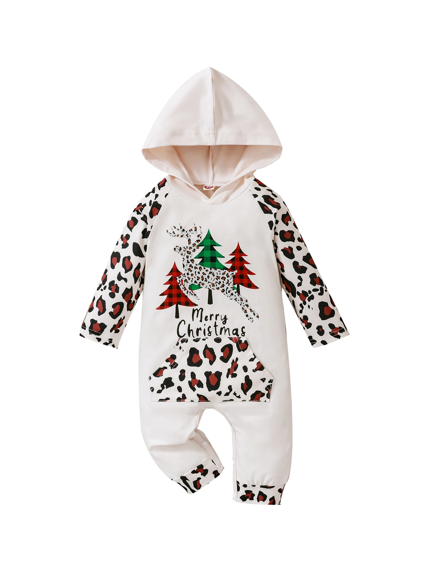 

Рождественский комбинезон с длинным рукавом и капюшоном для новорожденных мальчиков и девочек, с принтом оленей и карманами в технике пэчворк