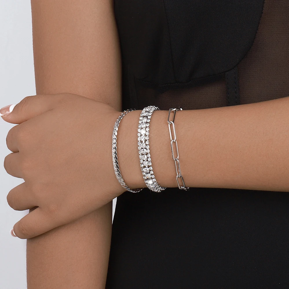 

Punk Luxury Shiny Crystal Tennis Chain Bracelets Set on Hand Women Wedding Bride Vintage Iced Out Rhinestone Young Girls Jewelry