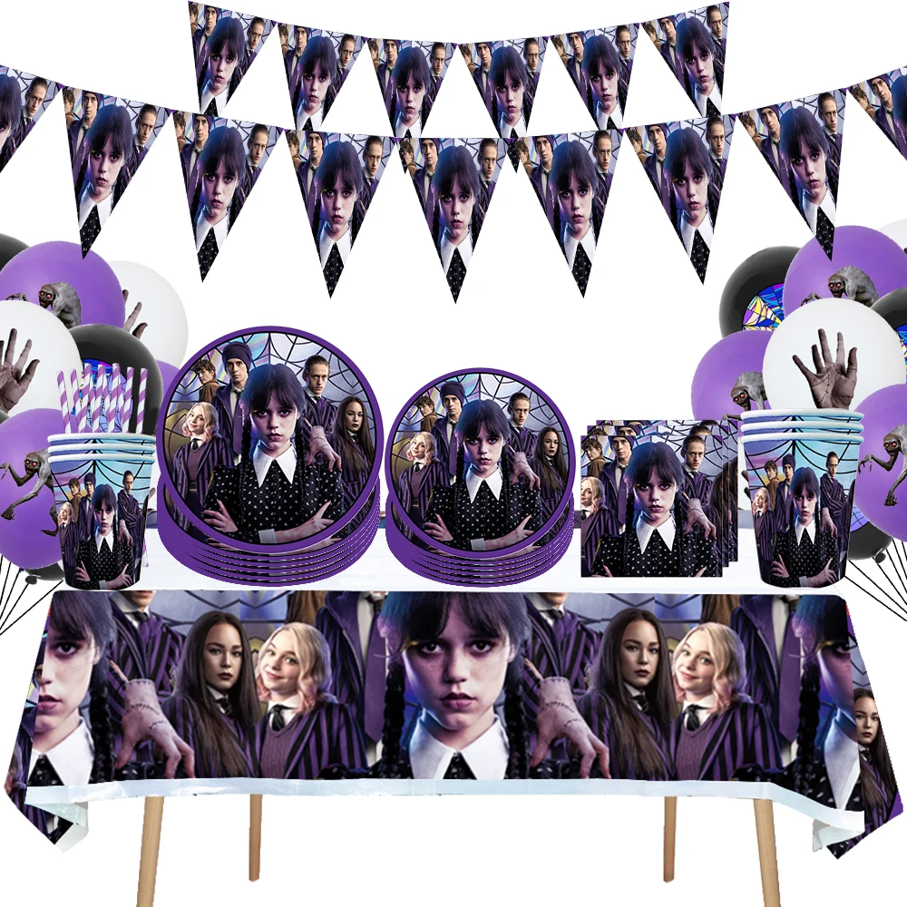 

The Movie Wednesday Addams Birthday Party Decoration Banner Balloon Tableware Festive Event Supplies Home Decoration Background