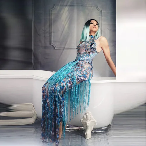 

Женское платье без рукавов, голубое сексуальное платье с бахромой в стиле джаз, певицы, танцовщицы, сценические костюмы