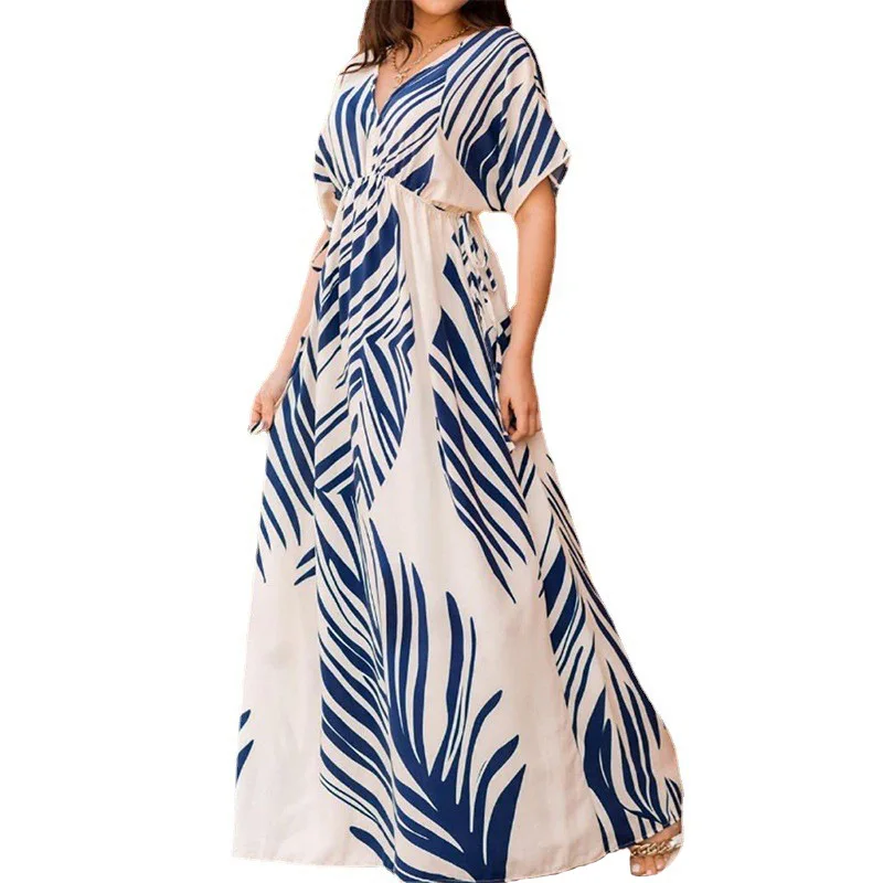 

Женское богемное Платье макси с принтом, Повседневное платье с высокой талией и V-образным вырезом, лето 2022
