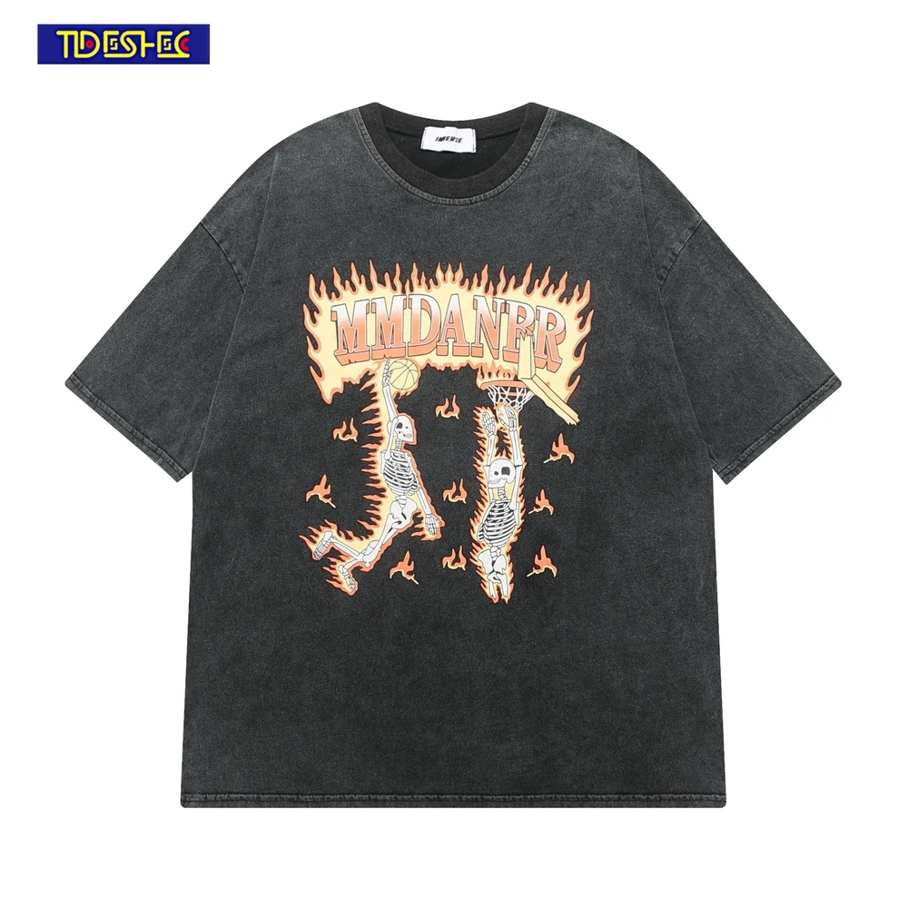 

340g Cotton Oversize T-shirt Men Cotton Skeleton Basketball Printed T Shirt Vintage Tops Harajuku Streetwear Hip Hop T Shirt