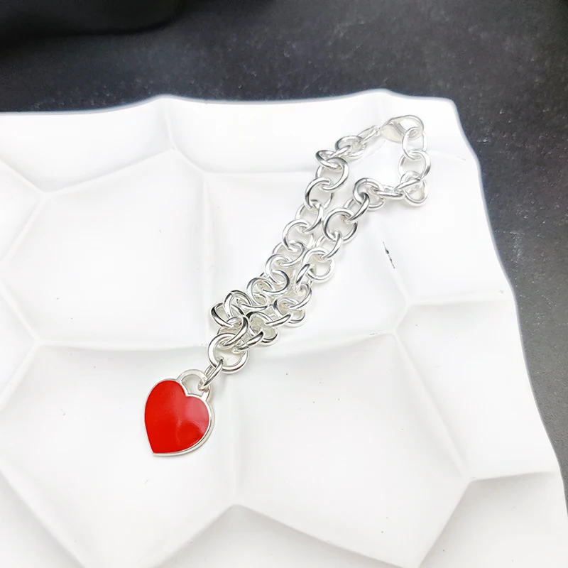

Bracelet 925 Sterling Silver Women Enamel Heart Pendant O Chain High Quality Luxury Brand Silver Jewelry Gift For Girlfriend