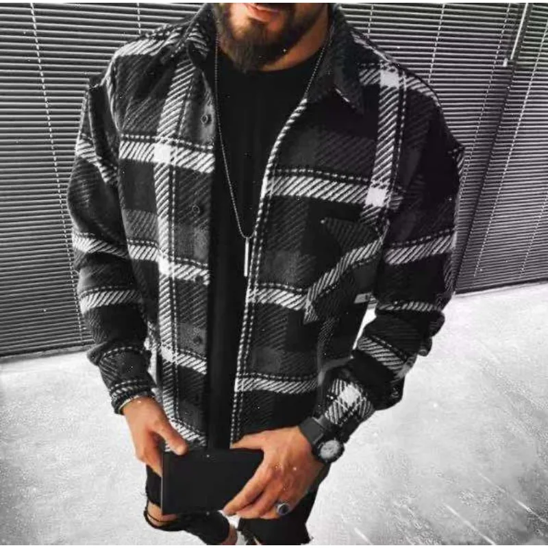 

Autumn Winter Men Shirt 2023 Vintage Casual Fashion Long Sleeve Turn Down Collar Button Wool Plaid T-shirt Blouse Y2K Clothes
