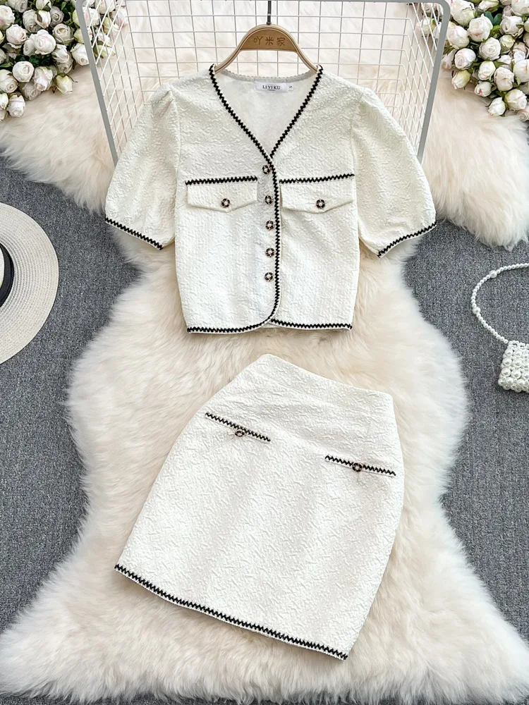 

Korean Fashion Suits For Women Puff Sleeve Shirt Blouse + Skirts Sets High Street Two Piece Set Small Fragrance 2 Piece Suits