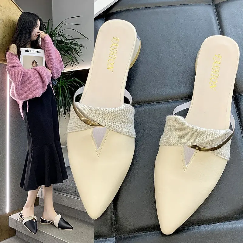 

New Summer Lady Sandals Slippers Soild Color Slip On Pointed Toe Women Low Heels Mules Outdoor Slipper Shoes Woman Slides