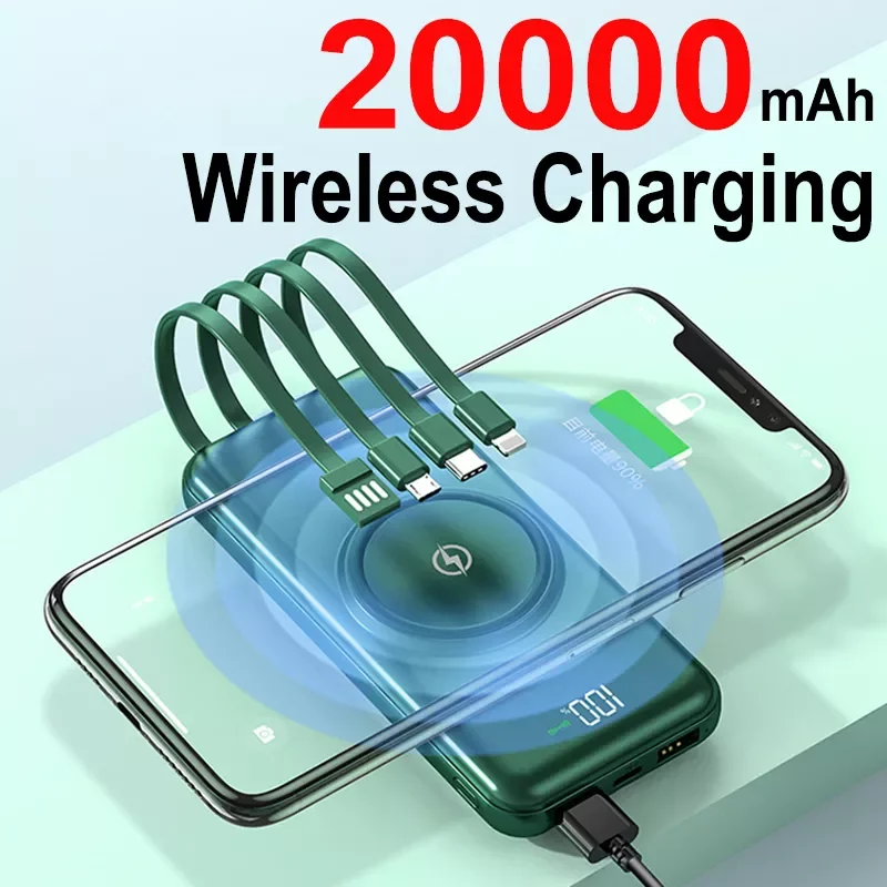 

NEW Wireless Power Bank 20000mAh Fast Charging Charger PD15W 4 Cables LED Digital Display External Battery For Iphone 12 13 13Pr