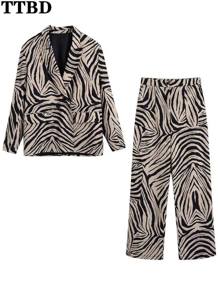 

TTBD 2piece outfits Women fashion flowing animal print blazer coat traf high waist patch pockets animal print wide leg pants