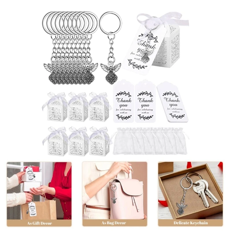 

30Pcs/24Pcs Angel Keychain Pendant Favor Box Keychain Christening Gift Keyring with Thank You Kraft Pendant Bag for Kids