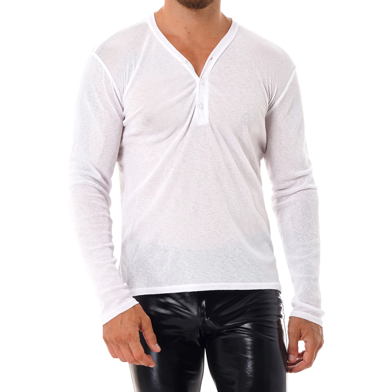 

Mens Sheer Long Sleeve Shirt Tops Semi See Through Casual V-Neck T-Shirt Muscle Blouse Top Work Out Activewear Sexy Nightshirt