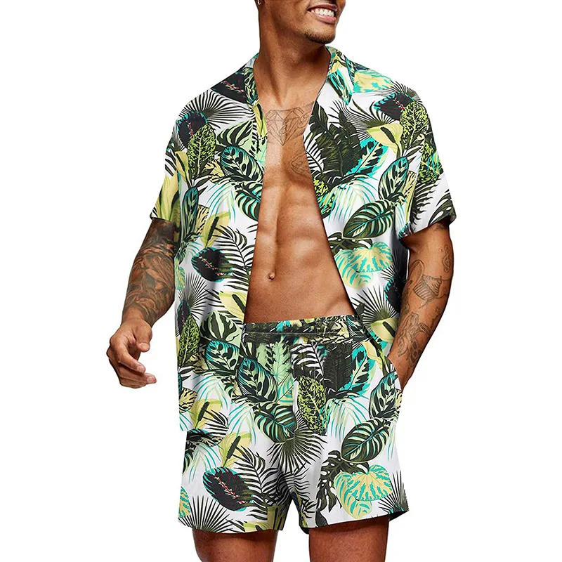 

Комплект Гавайский мужской из 2 предметов, рубашка с коротким рукавом, на пуговицах, пляжные шорты с цветочным принтом, повседневный тонкий костюм для поездок, лето
