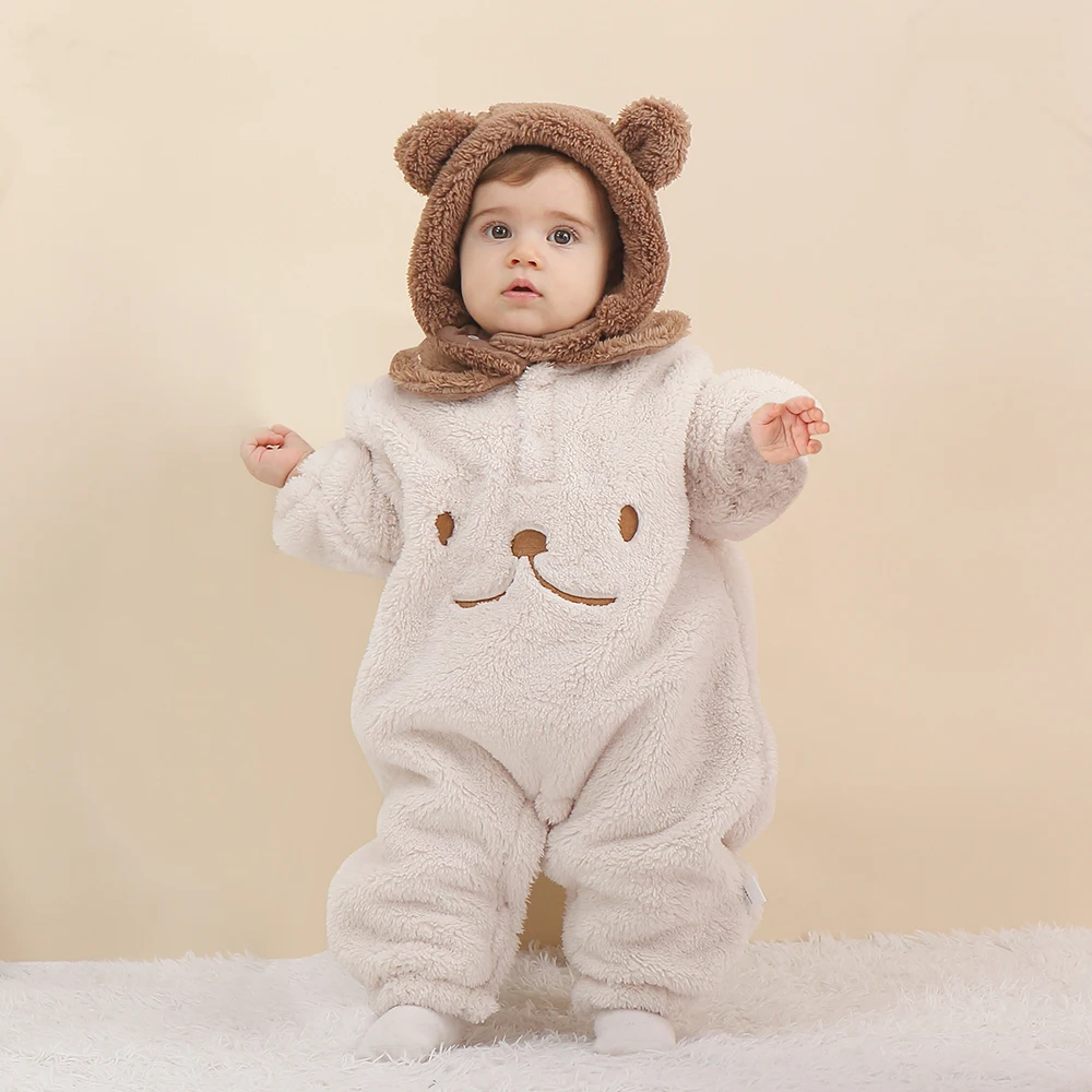 

Umorden Infant Toddler Baby Warm Winter Romper Jumpsuit Outfit Bear Costume Outwear Hat Set Beige Coral Velvet Turndown Collar